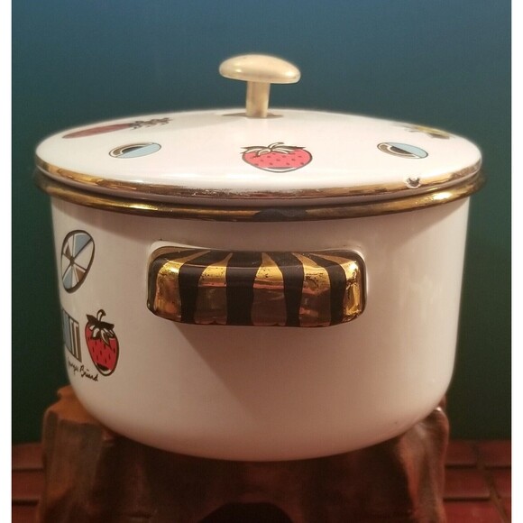 Mid Century Georges Briard Ambrosia Pineapple Porcelain Enamel Kettle & Lid 7" - Picture 7 of 12